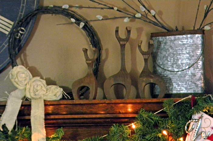 rustic country christmas mantel, christmas decorations, seasonal holiday decor, wreaths, Homemad wood stained reindeer