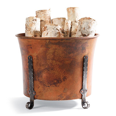 fireside style decorative ideas for firewood storage, home decor, hvac, storage ideas, Copper log holder with antique patina via Frontgate