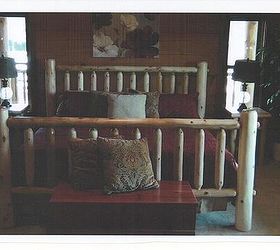 custom hand crafted log furniture, rustic furniture, woodworking projects, Our cedar log style Queen size bed Hand sanded built one piece at a time and 2 layers of clear coat to add that beautiful rustic look