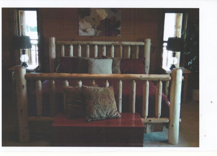 custom hand crafted log furniture, rustic furniture, woodworking projects, Our cedar log style Queen size bed Hand sanded built one piece at a time and 2 layers of clear coat to add that beautiful rustic look
