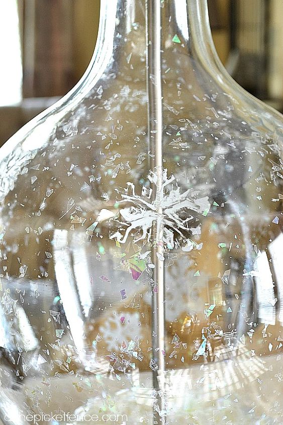 etched glass snowflake lamp holiday design challenge, lighting, seasonal holiday decor, Etching glass cream was used to etch snowflakes all over the glass base