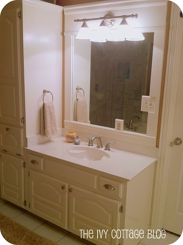 how to transform a builder s grade mirror, bathroom ideas, home decor, We recreated the same effect on my husband s vanity