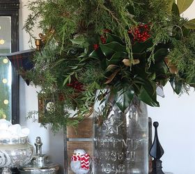woodsy glam christmas home tour, christmas decorations, seasonal holiday decor, wreaths, The dresser that I made into a buffet is also on the same very long wall as the apple green desk and the piano I decorated it with my HUGE mason jar filled with fresh greenery and berries