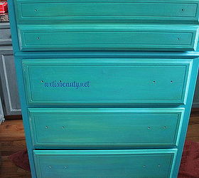 drab to fab beachy dresser makeover, painted furniture, for the drawers I did the custom blue with a custom green wash over them to make them pop