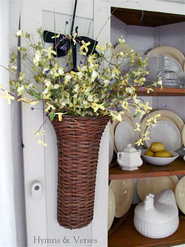 deciding to paint a family heirloom, painted furniture, Basket of faux forsythia and wildflowers hanging on the door