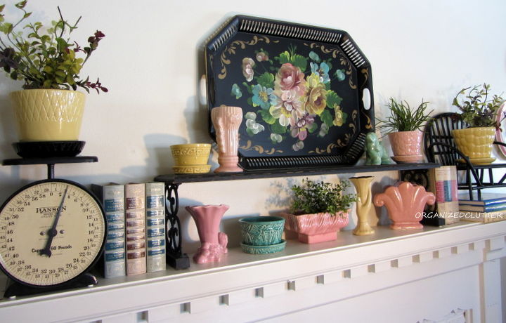 a tole tray inspired spring mantel, seasonal holiday decor, I also used a black over the sink kitchen shelf a black scale and a black twig chair