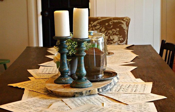 vintage music sheet table runner, home decor, painted furniture, repurposing upcycling