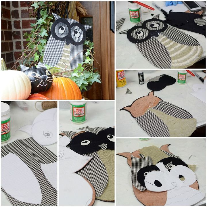 four outdoor halloween projects, crafts, decoupage, halloween decorations, outdoor living, seasonal holiday decor, Easy Halloween Friends are a breeze to make using thin plywood fabric and a little outdoor Mod Podge Tutorial on the blog
