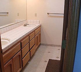 80 s master bath remodel, bathroom ideas, home decor, home improvement, Old outdated Master bath vanity huge ugly mirror and ugly floor tiles