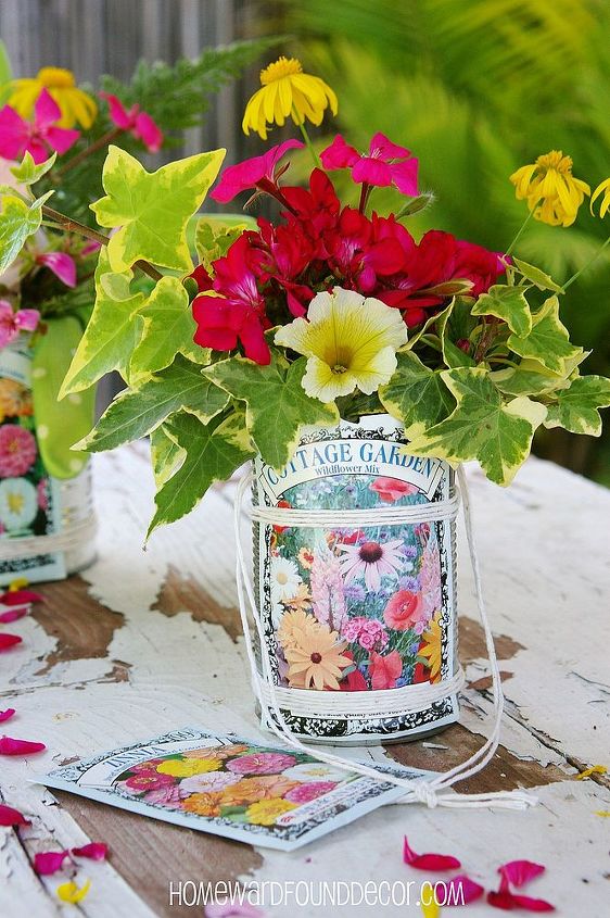 easy mothers day garden party decor, home decor, seasonal holiday decor, You can find my tutorial for my EASY tin can flower baskets here