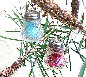 crystal ornaments made from vintage salt shakers, christmas decorations, repurposing upcycling, seasonal holiday decor, These are the same shakers as in the previous photo but now they have color inside