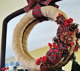 my christmas wreath burlap and plaid with pine cone roses, christmas decorations, crafts, seasonal holiday decor, Burlap and plaid Christmas wreath