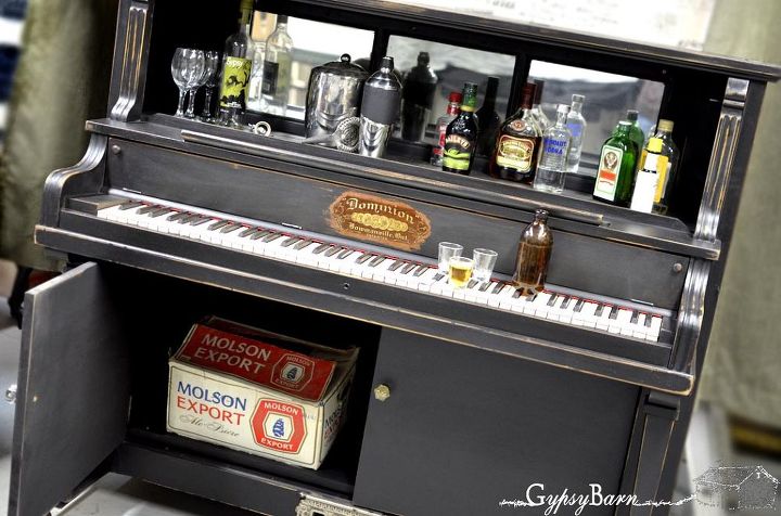 repurposed piano with many options for functionality, I see a lot of wine being stored underneath Or for commercial use maybe the parts for the guns for the mixes and soda Visit us at for more repurposing fun