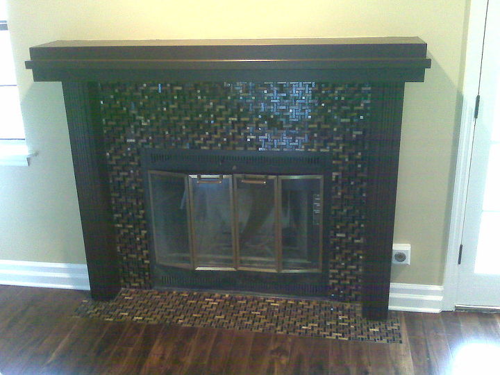 custom fireplace with glass tile, fireplaces mantels, home decor, hvac, living room ideas, tiling, Custom fireplace with glass tile