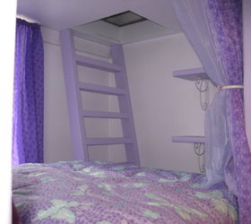 whimsical kid s rooms attic finish, bedroom ideas, home decor, inside the cottage is the bed an access ladder leading to the upper play area shelving extra storage space lights and a whole lot of purple