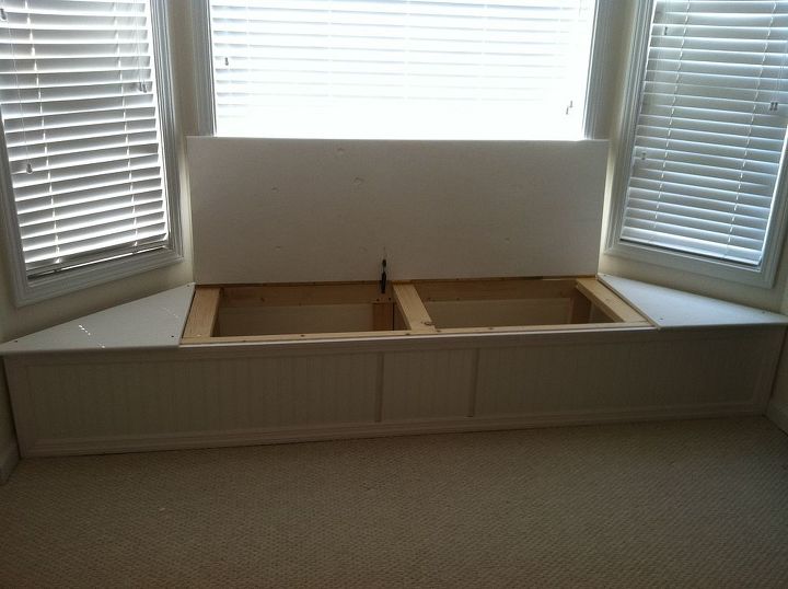 bay window flip top storage bench, Piano hinge lid made from 3 4 plywood with bull nose molding attached to front