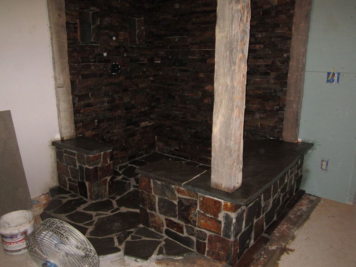 rustic stone shower, concrete masonry, tiling