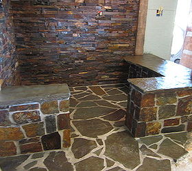 rustic stone shower, concrete masonry, tiling