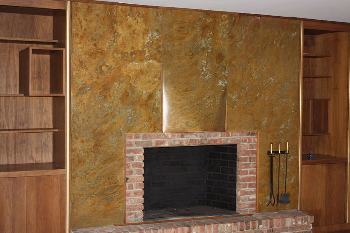 here are my before and after pictures my hubby and i took out the wall between the, home improvement, kitchen backsplash, kitchen design, living room ideas, Fireplace clad in a skin of copper I m sure it was gorgeous in it s day