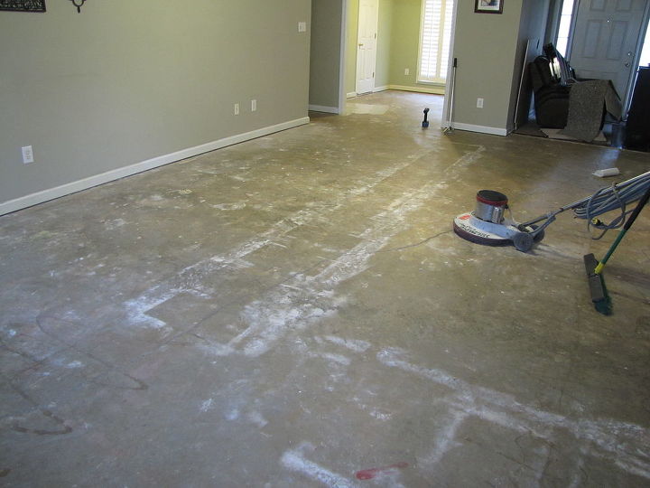 acid stained concrete floor project, concrete masonry, flooring, painting, carpet up glue scraped time to clean strip the surface of paint and dirt