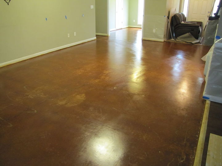 acid stained concrete floor project, concrete masonry, flooring, painting, one coat of water based sealer pictured applied total of three