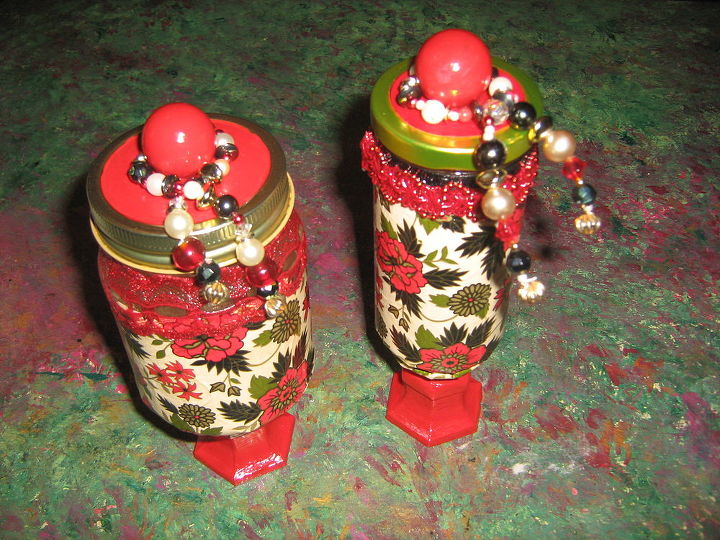 hand made candy gift jars for christmas presents, crafts, the two would be great as cotton ball and q tip holder in a red or black bathroom as mine but i am making them as gifts with hershy kisses in them