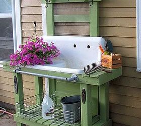 potting bench, doors, outdoor living, repurposing upcycling, The sink is the original one from the kitchen in the house salvaged from the cellar