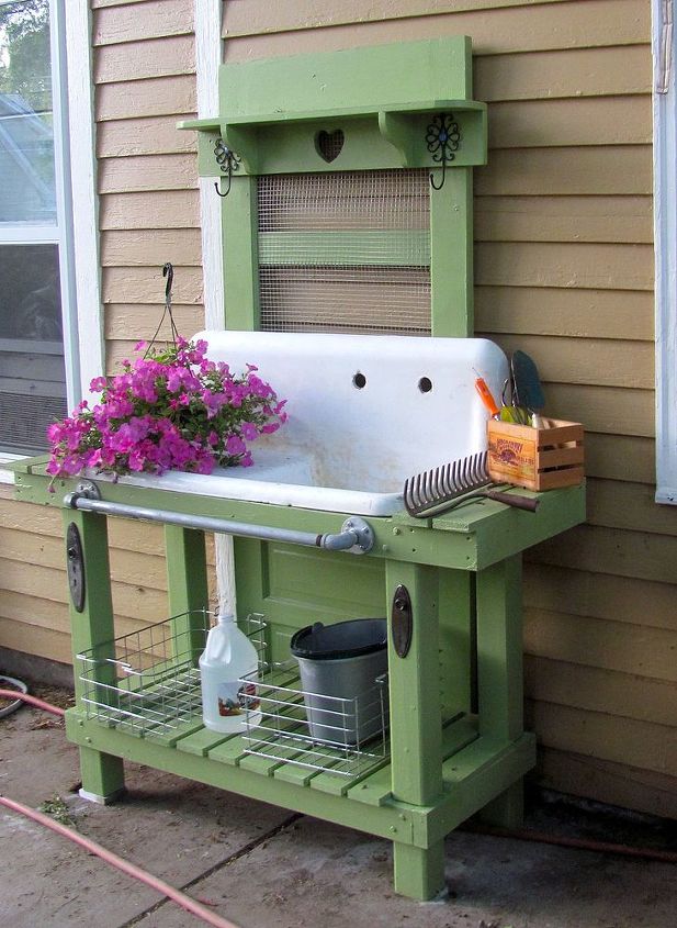 potting bench, doors, outdoor living, repurposing upcycling, The sink is the original one from the kitchen in the house salvaged from the cellar