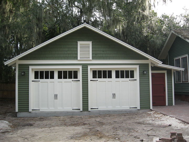 custom two car garage with a 6 x12 workshop attached designed to complement a, garage doors, garages, Overhead garage doors with carriage house overlay design