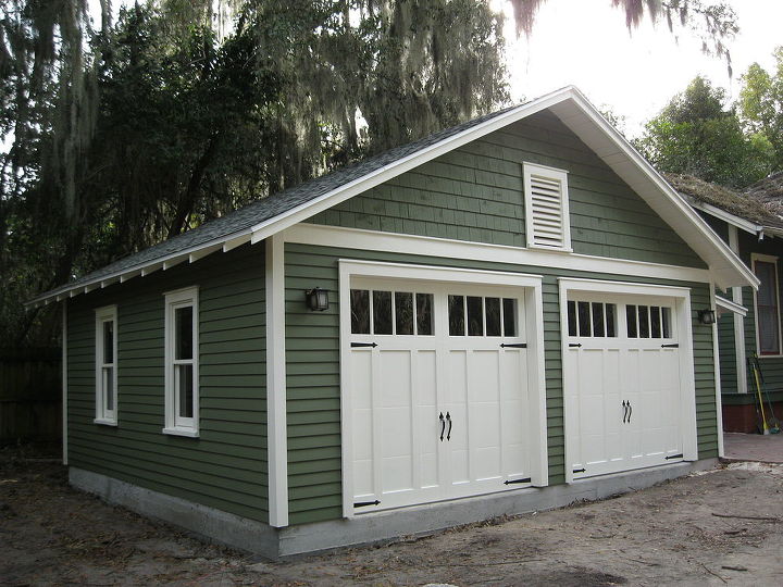 custom two car garage with a 6 x12 workshop attached designed to complement a, garage doors, garages, Steel overhead doors with carriage house design