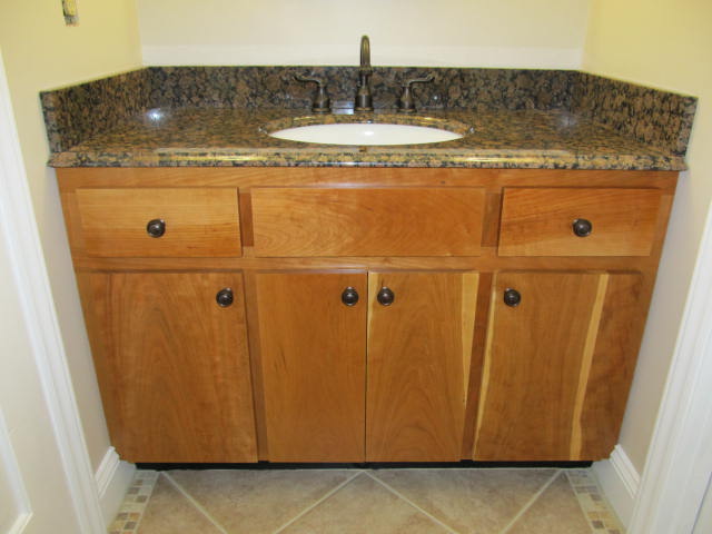 1 2 bath re do cherry cabinet i made from rough stock top and sink were a great, bathroom ideas, 1 2 bath re do Cherry cabinet I made from rough stock Top and sink were a great find on Craigslist New floor tile also