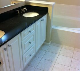 pots master bath remdel, bathroom ideas, home improvement, Existing white vanity cabinets with black solid surface counters Removing