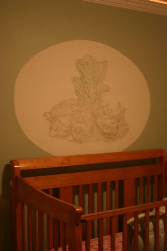 murals in walls of baby nursery, painted furniture, Large mural over crib