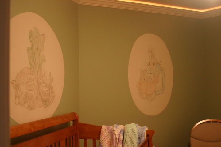 murals in walls of baby nursery, painted furniture, Mural by rocking chair