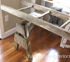 my funky pallet ladder sawhorse blogging desk whew, painted furniture, pallet, repurposing upcycling, rustic furniture, The build consisted of two old sawhorses bound for the burn pile and an old ladder for the frame It s as sturdy as all get out