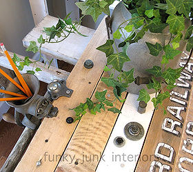 my funky pallet ladder sawhorse blogging desk whew, painted furniture, pallet, repurposing upcycling, rustic furniture, Some fun graphics and big bolts were added for an eclectic put together look