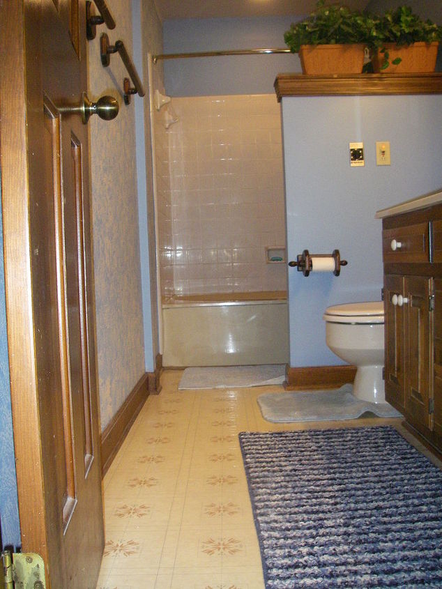 help any decorating ideas for a narrow bathroom want to tile floor but unsure what, bathroom ideas, flooring, home decor, tile flooring, tiling, 125 inches from door jam to edge of tub 58 inches at widest width in toilet area