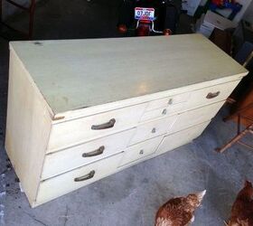 dresser refinishing antiquing, painted furniture, Here is a photo of what it looked like before The pictures don t really do the yellow laminate justice but the handles being in various states and colors is clearly visible The chickens would not leave me alone until the sander sta