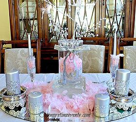 valentine centerpiece, crafts, seasonal holiday decor, valentines day ideas, Pink and Silver Valentines Centerpiece using Leftover Christmas candles floral picks pink hearts as fillers and pink boa