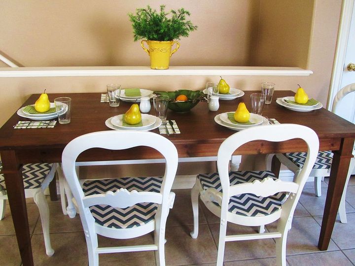 revamped old chairs with white paint and chevron patterned fabric, painted furniture, reupholster