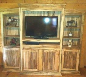 ambrosia maple entertainment center, gardening, painted furniture, here s the finished piece installed in it s new log cabin home