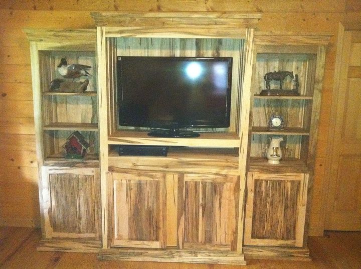 ambrosia maple entertainment center, gardening, painted furniture, here s the finished piece installed in it s new log cabin home
