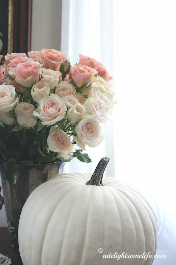 romantic pink roses with white pumpkins, seasonal holiday decor