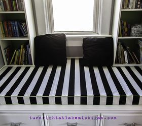 our window seat family library, diy, home decor, how to, storage ideas, The window seat cushion was another IKEA hack we bought the least expensive foam mattress and cut it to fit around the bookcases I then sewed a removable reversible cover out of IKEA fabric and lime green piping