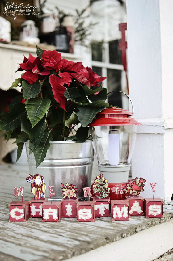 front porch hot cocoa party part 2, christmas decorations, crafts, seasonal holiday decor, Merry Christmas sign red poinsettia in a galvanized tub on a country farm house front porch