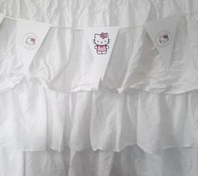 hello kitty birthday party, crafts, mason jars, I sewed the table skirt out of old sheets The bunting was printed out on white cardstock