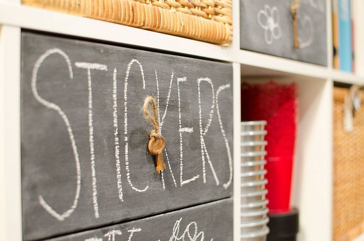pottery barn inspired expedit craft storage, craft rooms, storage ideas, Vintage keys and twine as drawer knobs