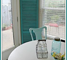 cottage breakfast nook, home decor, kitchen design, shelving ideas, My favorite detail in the room is this shutter I found it at the Habitat for Humanity ReStore for 2 I threw a quick coat of oops paint on it and propped it in the corner