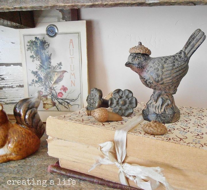 rustic pallet decor the autumn mantel, pallet, repurposing upcycling, seasonal holiday d cor, wreaths, Filled in the shelf with a mixture of vintage and nature inspired items