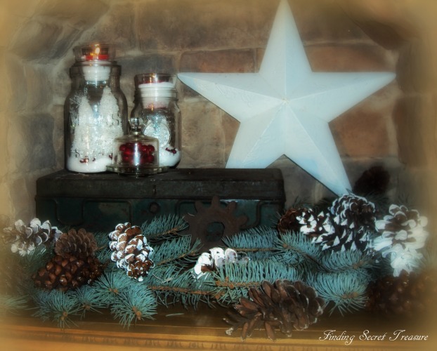 cozy winter mantel, seasonal holiday d cor, Waterless Snow Globes Rusty Toolbox White Metal Star